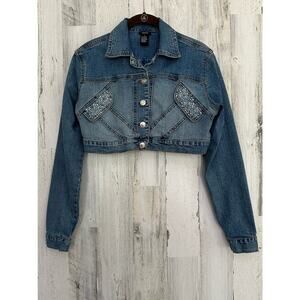Rue21 Girls Jean Jacket Size Large Cropped Rhinestones Embellished Chest Pockets